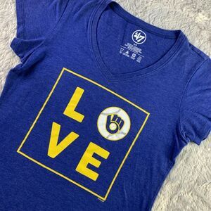 Milwaukee Brewers Shirt Womens Small Blue Yellow White Love Baseball MLB Vneck